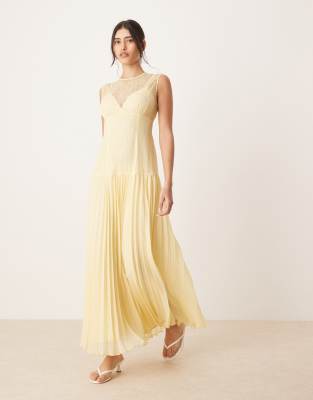 ASOS DESIGN - Midaxikleid in Zitronengelb mit plissiertem Rock und Spitzenbody-Bunt
