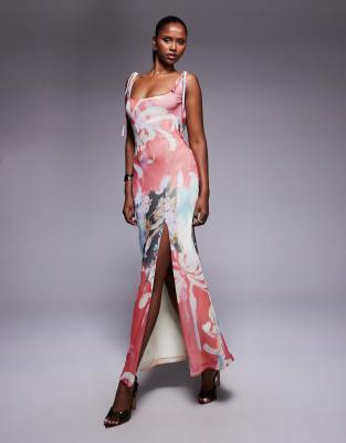 ASOS DESIGN - Midaxikleid mit eckigem Ausschnitt, Wasserfall-Rückenausschnitt und zweigeteiltem Print-Bunt
