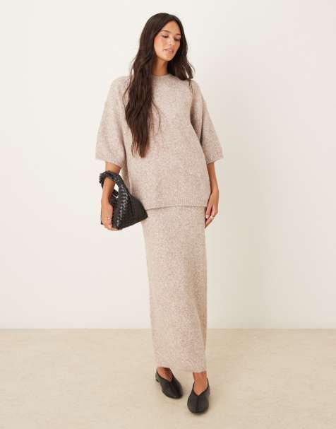 ASOS DESIGN – Midaxirock aus flauschigem Strick in Pilzbeige, Kombiteil - view 1