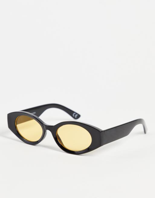 ASOS DESIGN - Middelgrote ovalen zonnebril in zwart met gele glazen - BLACK