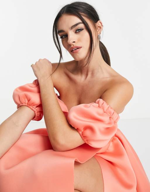 ASOS DESIGN - Midi avondjurk met blote schouders en ruches in koraal, 3 van 4