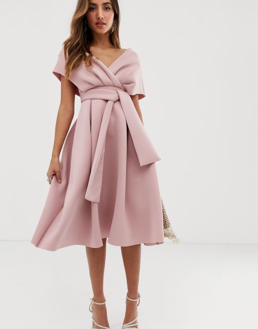 ASOS DESIGN Midi avondjurk met verlaagde schouder en strikdetail