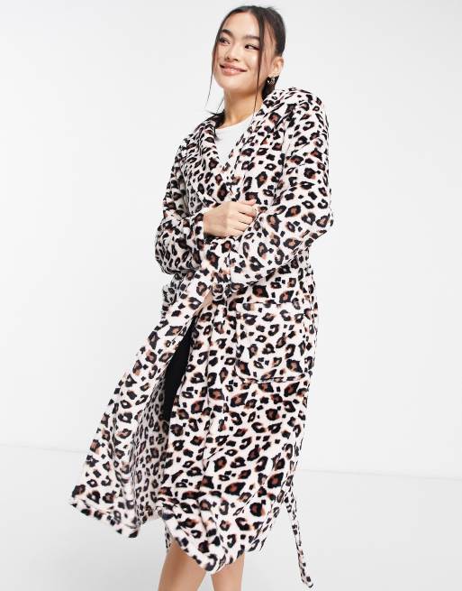 ASOS DESIGN - Midi badjas van superzacht fleece met luipaardprint in bruin, 2 van 7