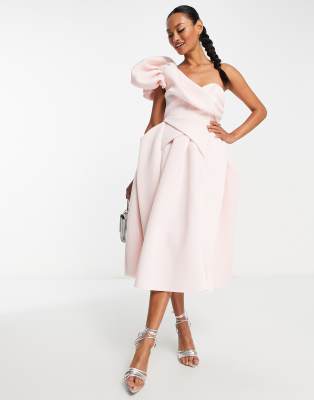 ASOS DESIGN - Midi-Ballkleid im Origami-Stil in Zartrosa mit One-Shoulder-Träger