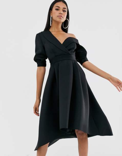 ASOS DESIGN – Midi-Ballkleid im Smoking-Stil mit abfallender Schulterpartie