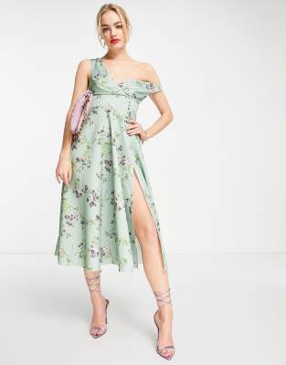 ASOS DESIGN - Midi-Ballkleid in Salbeigrün mit Knopfdetail und Blumenmuster-Bunt