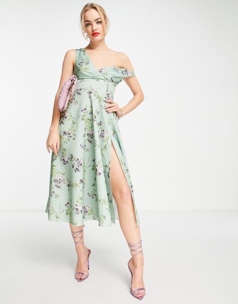 ASOS DESIGN – Midi-Ballkleid in Salbeigrün mit Knopfdetail und Blumenmuster - view 1