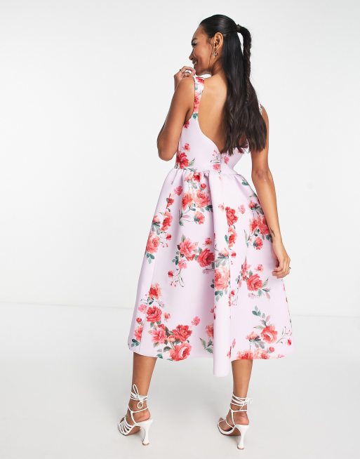 ASOS DESIGN Midi Ballkleid mit Blumenmuster in Flieder und Korsagenoberteil