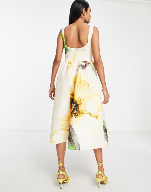 ASOS DESIGN – Midi-Ballkleid mit Carré-Ausschnitt und gemaltem Blumendruck, 3 von 4