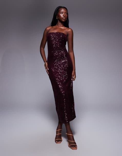 ASOS DESIGN - Midi bandeau-jurk met lovertjes in bordeauxrood - view 1