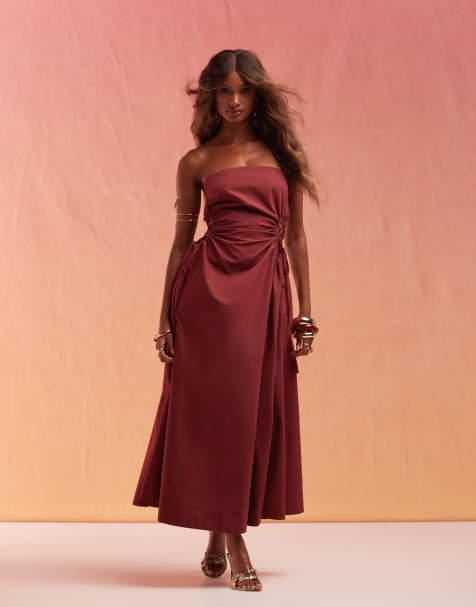 ASOS DESIGN - Midi bandeau-jurk met met kruisbandjes aan de taille in bordeauxrood - view 1