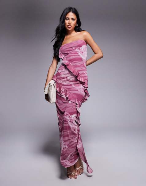 ASOS DESIGN - Midi bandeau-jurk met ruches in beigeroze bloemenprint - view 1