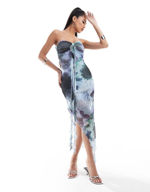 ASOS DESIGN - Midi bandeau-jurk van mesh met ruches en bloemenprint in blauw