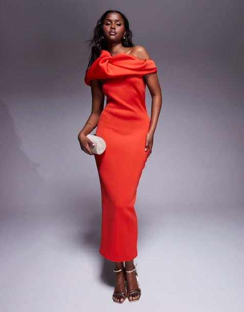 ASOS DESIGN - Midi bandeau-jurk van scubastof met structuur en pofmouw in rood - view 1