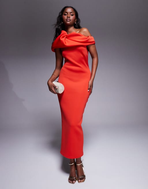 ASOS DESIGN - Midi bandeau-jurk van scubastof met structuur en pofmouw in rood
