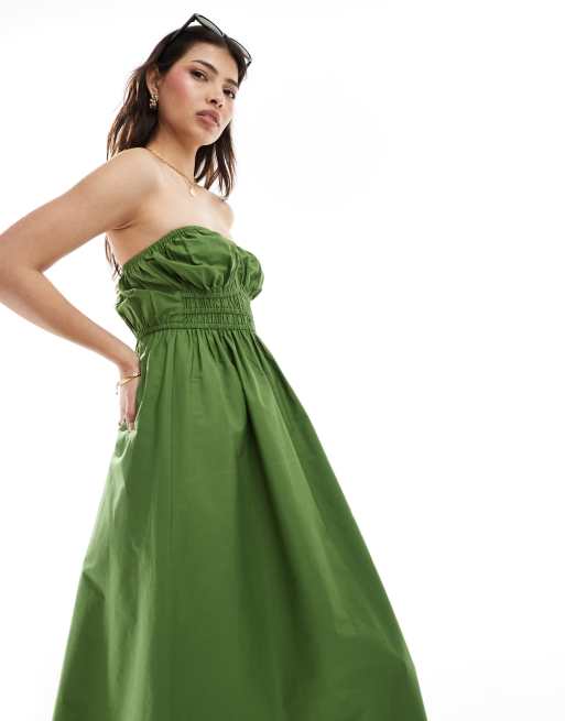 ASOS DESIGN midi bandeau sundress with ruched bust detail in khaki, 3 of 4