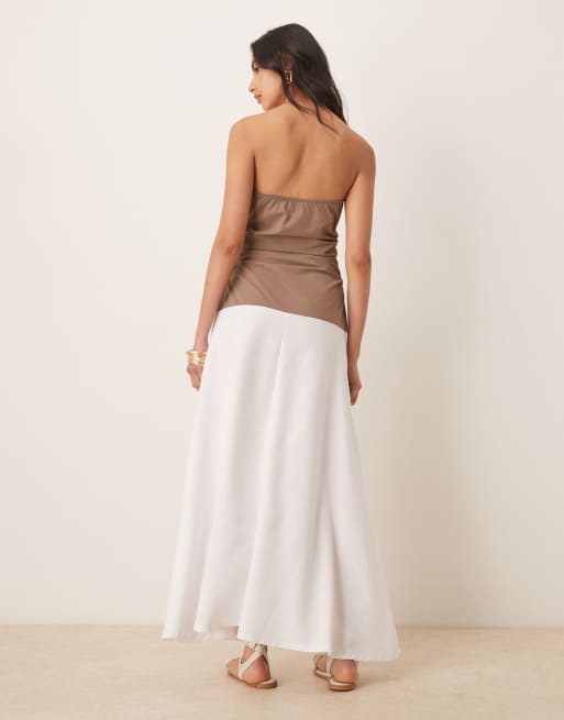 ASOS DESIGN - Midi bandeaujurk met popeline rok in mokka en wit, 3 van 4