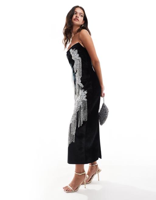 ASOS DESIGN - Midi-bandeaujurk van fluweel met structuur en bloemversiering met franje in zwart