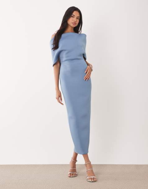 ASOS DESIGN - Midi bardot-jurk van stof in scubastijl met omgeslagen hals en cape aan de achterkant in blauw - view 1