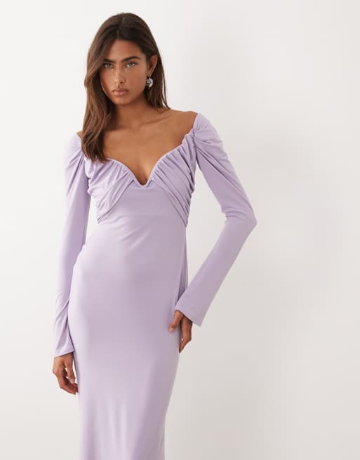 ASOS DESIGN - Midi bardotjurk van gladde stof met buste met beugel in lila, 2 van 4