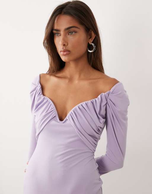 ASOS DESIGN - Midi bardotjurk van gladde stof met buste met beugel in lila, 3 van 4