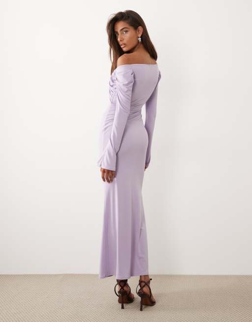 ASOS DESIGN - Midi bardotjurk van gladde stof met buste met beugel in lila, 4 van 4