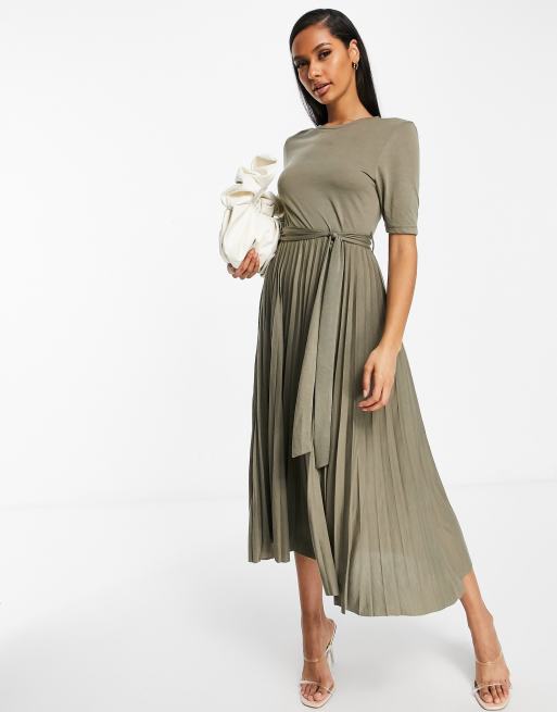 Khaki pleated cheap dress