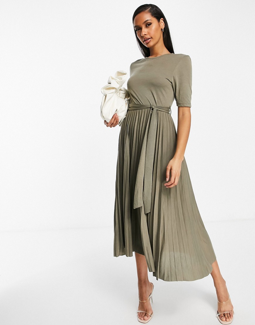 ASOS DESIGN midi belted pleated dress with puff sleeve in khaki-Green