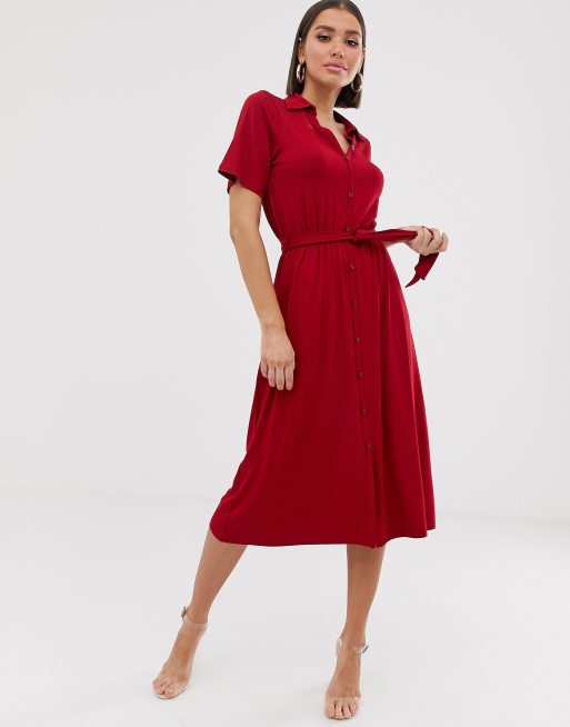 ASOS DESIGN midi belted shirt dress in red | ASOS