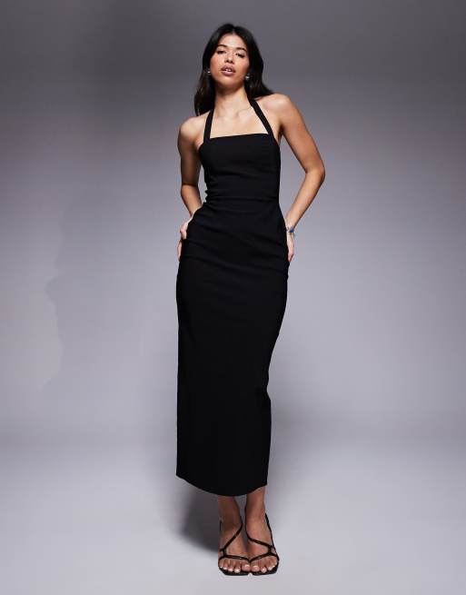 ASOS DESIGN – Midi-Bleistiftkleid aus Bengaline in Schwarz mit Neckholder und Taschendetails