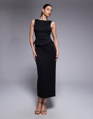 ASOS DESIGN - Midi-Bleistiftkleid aus neoprenartigem Material in Schwarz mit Schößchenoberteil im Korsettdesign
