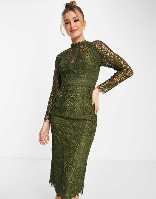ASOS DESIGN – Midi-Bleistiftkleid aus Spitze in Khaki mit Spitzenbesatz, 4 von 4