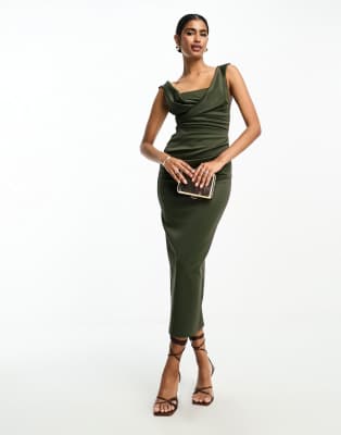 ASOS DESIGN - Midi-Bleistiftkleid in Grün mit eckigem Ausschnitt und Brustpartie im Faltendesign