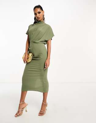 ASOS DESIGN - Midi-Bleistiftkleid in Khaki mit drapierter Vorderseite und seitlicher Raffung-Grün