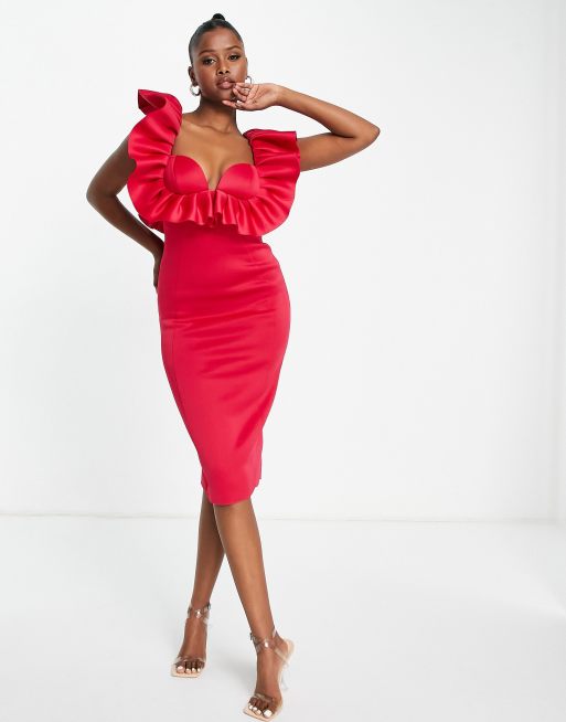 ASOS DESIGN – Midi-Bleistiftkleid in Pink mit Rüschenärmeln