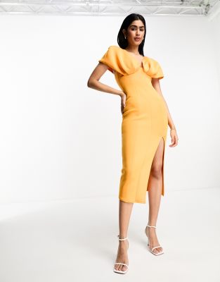 ASOS DESIGN - Midi-Bleistiftkleid in Ringelblumenorange mit tiefem Ausschnitt und abfallender Schulterpartie