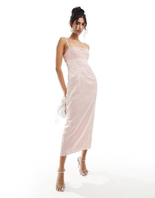 ASOS Design - Midi-Bleistiftkleid in Rosa aus Satin mit Korsett und Spitzen-Overlay
