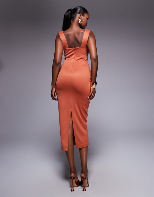 ASOS DESIGN – Midi-Bleistiftkleid in Rostrot mit eckigem Ausschnitt und plissierter Brustpartie, 3 von 4
