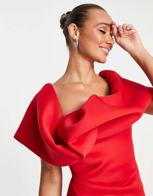 ASOS DESIGN – Midi-Bleistiftkleid in Rot mit One-Shoulder-Träger und bauschigem Detail, 4 von 4