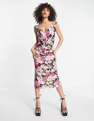 ASOS DESIGN - Midi-Bleistiftkleid in Schwarz mit Blumenmuster in Rosa und Herzausschnitt-Bunt