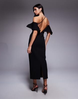 ASOS DESIGN - Midi-Bleistiftkleid in Schwarz mit Rückendetail in Schalenform