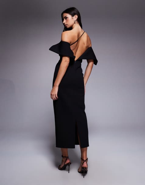 ASOS DESIGN – Midi-Bleistiftkleid in Schwarz mit Rückendetail in Schalenform - view 1
