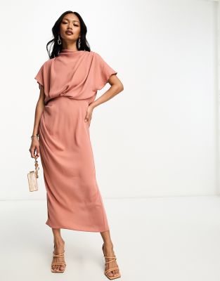 ASOS DESIGN - Midi-Bleistiftkleid in Terracotta mit drapierter Vorderseite und geraffter Seite-Orange