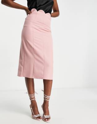 ASOS DESIGN - Midi-Bleistiftkleid in Terrakotta mit Bogenkanten-Bund-Rosa