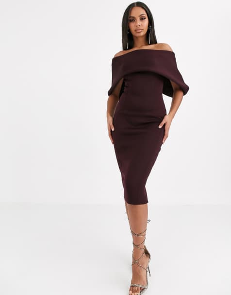 ASOS DESIGN – Midi-Bleistiftkleid mit Carmen-Ausschnitt und Umschlag vorn