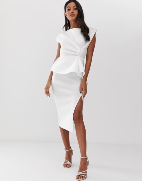 ASOS DESIGN – Midi-Bleistiftkleid mit Schößchen und Faltendesign