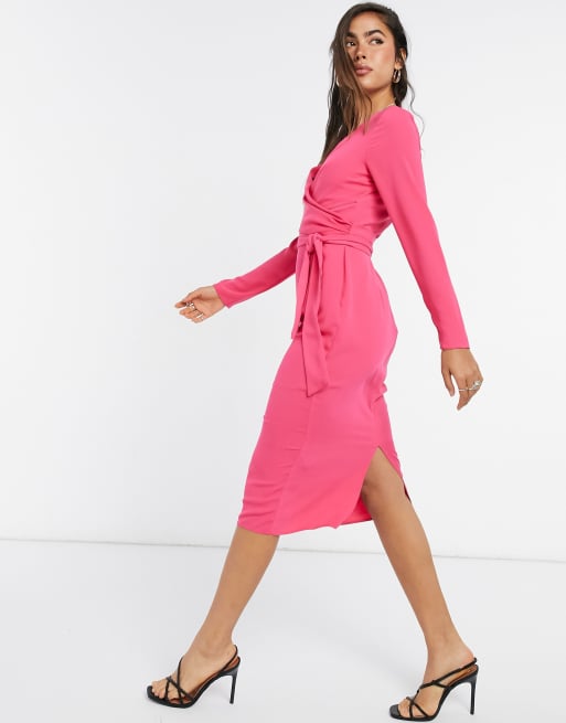 ASOS DESIGN – Midi-Bleistiftkleid mit Wickeldesign in Pink