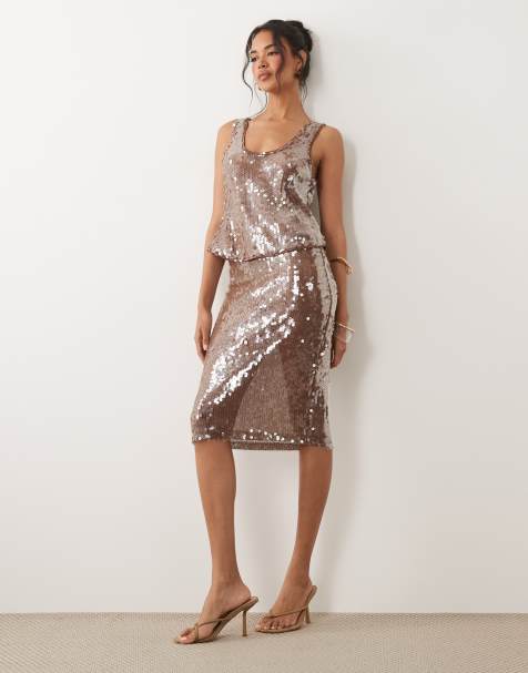 ASOS DESIGN – Midi-Bleistiftrock in Braun mit Glaspailletten, Kombiteil - view 1