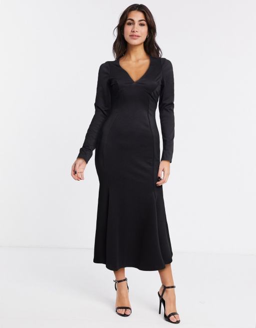 ASOS DESIGN midi bodycon dress with fishtail and v neck in black ASOS