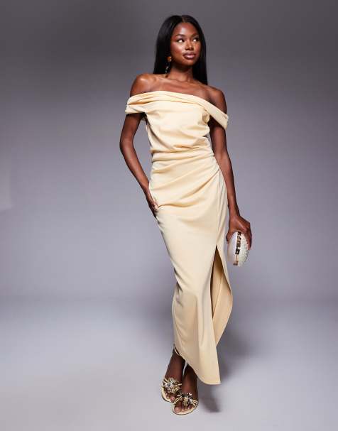 ASOS DESIGN - Midi bodycon jurk met gedraaide bardothals in lichtgeel - view 1